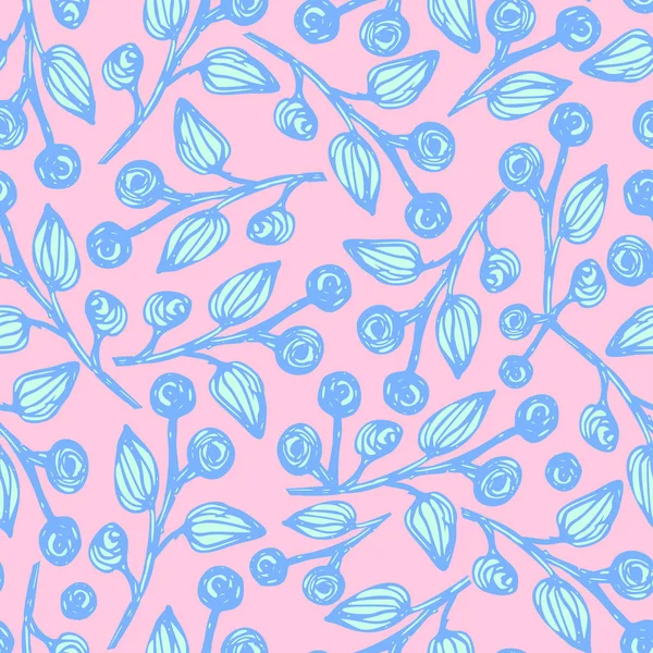 小さな葉と花のシームレスな背景は、植物の小枝します。ピンク、青、暗いグレー色の印刷、包装、スクラップブッ キングのベクトル図 Millefleurs リバティー スタイルの組織のためのアイデア — ストックベクタ