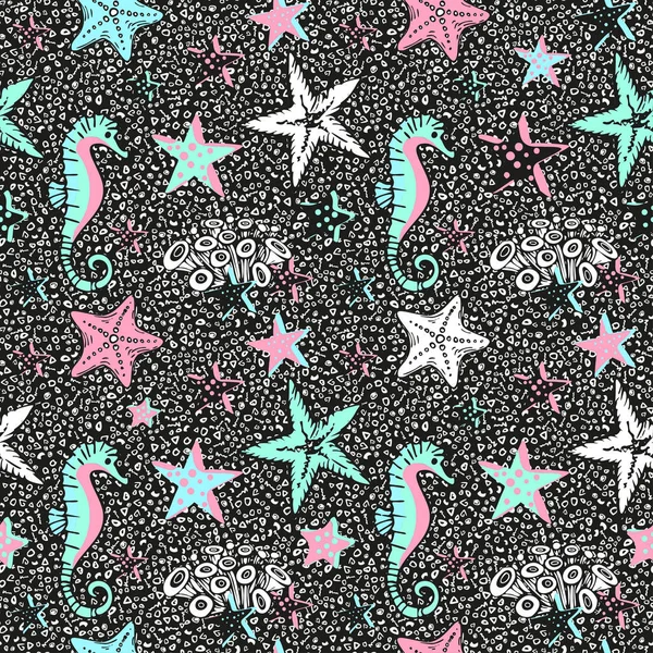 Seahorse and starfish seamless pattern. Sea life summer background. Cute sea life background. Design for fabric and decor — Stock Vector