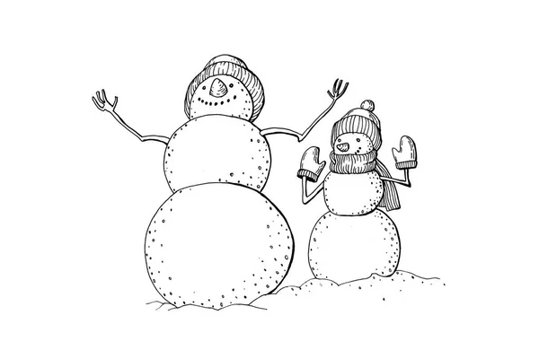 Divertidos muñecos de nieve dibujados a mano en sombreros de punto. Negoviki blanco y negro con las manos en alto. Dibujo para colorear . —  Fotos de Stock