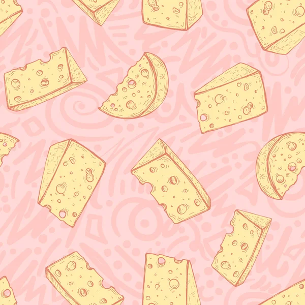 Imagen vectorial de trozos de queso amarillo sobre un fondo rosado estampado. Fondo sin costuras para el diseño, papel pintado y papel de embalaje . — Archivo Imágenes Vectoriales