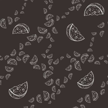 Elle çizilmiş peynir dilimlerinin koyu arkaplanda farklı oranlarda vektör görüntüsü. Duvar kağıdı, tekstil ve ambalaj kağıdı için kusursuz arkaplan.
