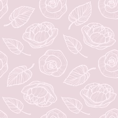 Tomurcukların vektör görüntüsü ve açık bej arkaplanda pastel renkli gül yaprakları. Duvar kağıdı, tekstil ve ambalaj kağıdı için kusursuz arkaplan