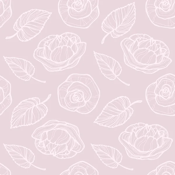 Imagen vectorial de brotes y hojas de rosas en colores pastel sobre un fondo beige claro. Fondo sin costuras para papel pintado, textil y papel de envolver — Vector de stock