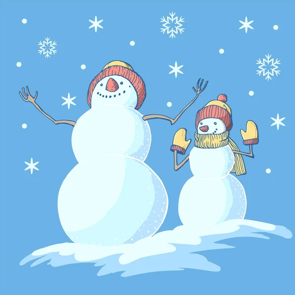 Vektorbild von zwei fröhlichen Schneemännern unter Schneefall in Hüten und Fäustlingen auf blauem Hintergrund. — Stockvektor