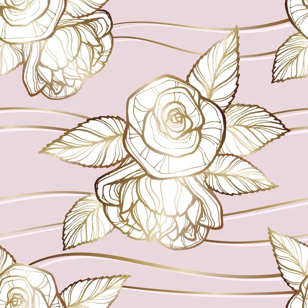 Vektorový obraz béžově zlatých květů růží s listy na jemně růžovém pozadí v proplétání zlatých nití. Bezešvý vzor pro textil, balicí papír a tapety. — Stockový vektor