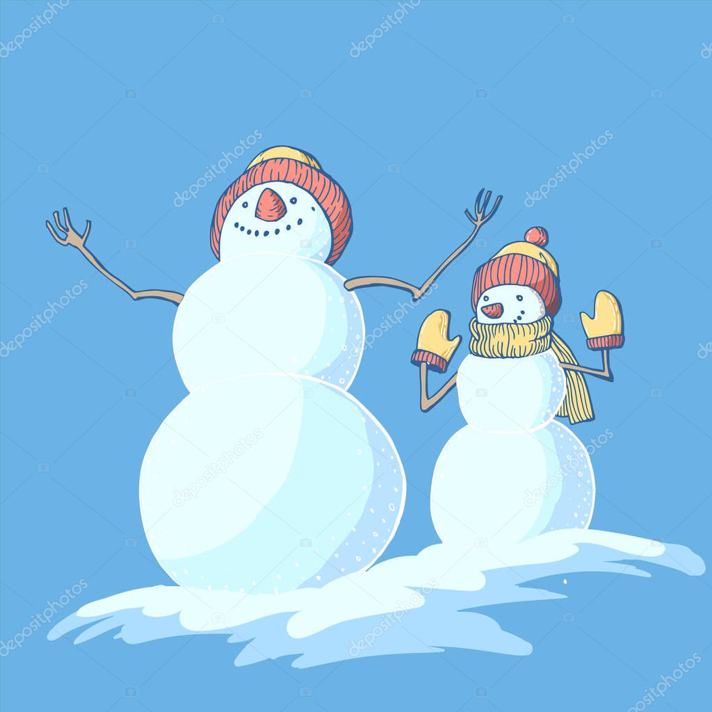 Vector image of two joyful snowmen under a snowfall in hats and mittens on a blue background.