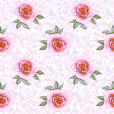 Pembe arkaplanda suluboya güller olan kusursuz bir desen. Arkaplan, kart, afiş, poster, kapak, davetiye, başlık veya broşür için grafik tasarımı. El çizimi dokusu
