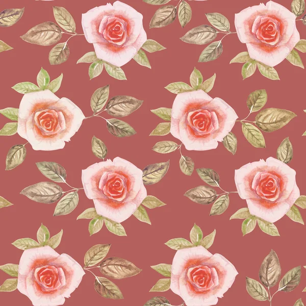 Akwarelowy obraz różowych pąków róż i ich zielonych liści na jasnym bordowym tle. — Zdjęcie stockowe