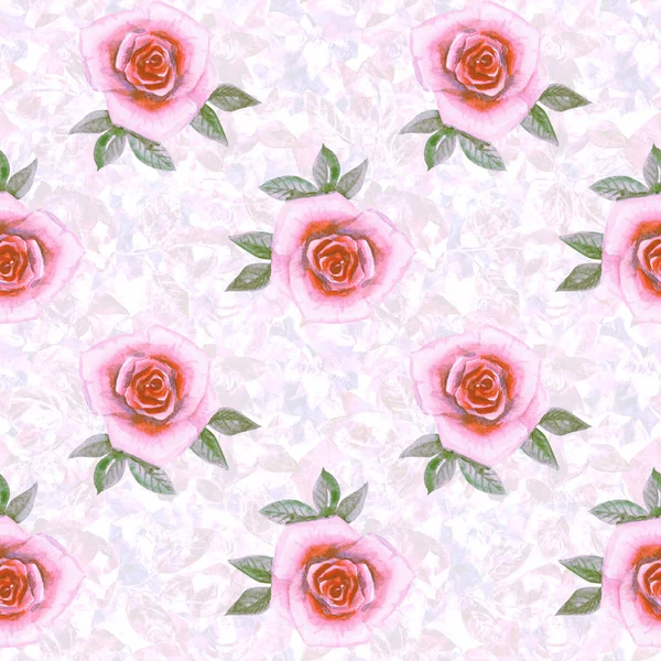 Bezešvé vzor s akvarely růží na ledově růžovém pozadí. Grafický design pro pozadí, kartu, banner, plakát, obal, pozvánku, záhlaví nebo brožuru. Ručně kreslená textura — Stock fotografie