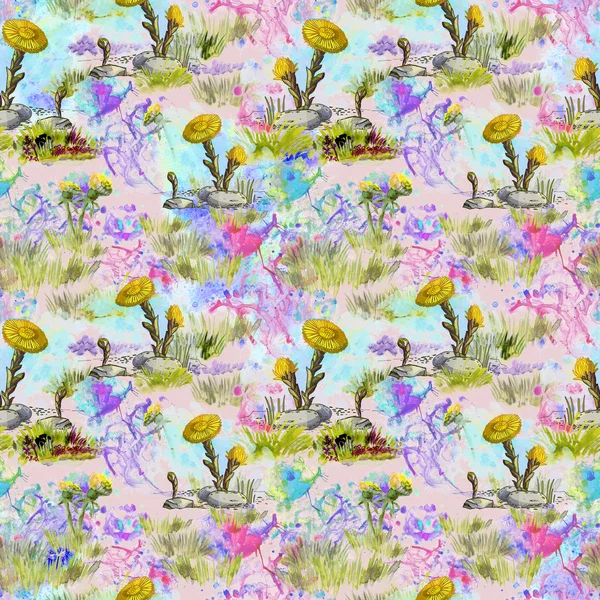 Seamless pattern with yellow spring flowers on a background of watercolor blots and blurry spots in light blue, lilac and pink colors — Stock Photo, Image