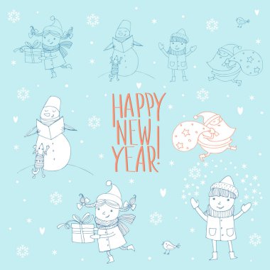 Neşeli bir kızın vektör görüntüsü, oğlanlar, Noel Baba, kardan adam d