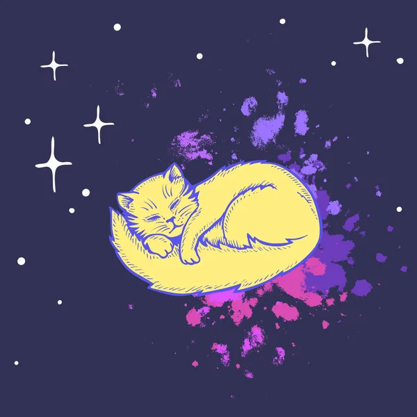 Kézzel rajzolt fantasztikus sárga macska az éjszakai égen — Stock Vector