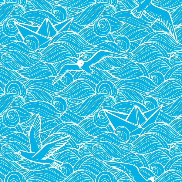 Vector seamless pattern with hand-drawn white stylized waves, fl — Stock Vector