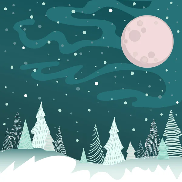 Imagen vectorial de una noche de invierno con luna llena, copos de nieve, ventisqueros y árboles de Navidad esquemáticamente dibujados de líneas y guiones sobre un fondo verde . — Vector de stock