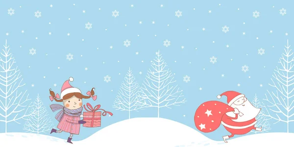 Neujahrs-Illustration im primitiven Stil. horizontale nahtlose Grenze mit Weihnachtsmann und einem Mädchen mit Geschenk, das zwischen den Weihnachtsbäumen entlang der schneebedeckten Hügel spaziert. — Stockvektor