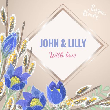 Square greeting card template with diamond-shaped gold frame and hand-drawn snowdrops and pussy-willow twigs with fluffy buds