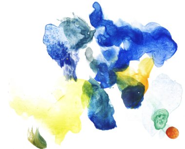Image of painted watercolor stains in blue, light blue /, yellow and orange tones on a white background.