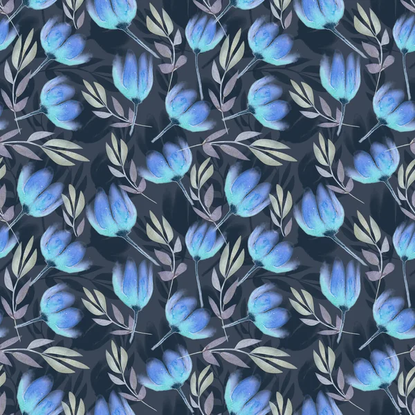 灰蓝色背景下冬季蓝绿色花朵的无缝画 — 图库照片