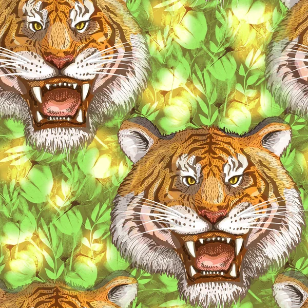 Seamless illustration with the image of the roaring tiger heads on a green floral background.