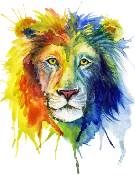 Nahaufnahme Eines Mehrfarbigen Löwengesichts Das Hellen Aquarellen Gemalt Wurde — Stockfoto
