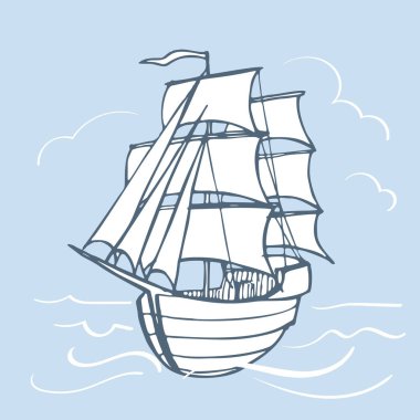 Mavi arkaplanda dalgalar ve bulutlar arasında çizilmiş bir geminin vektör görüntüsü