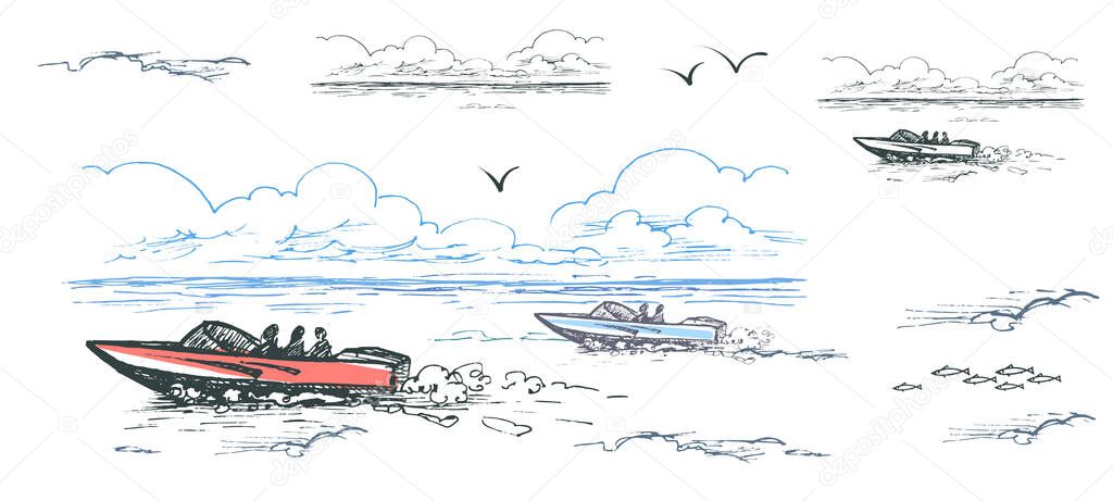 Vector color image of motor boats with people among the water, clouds and gulls