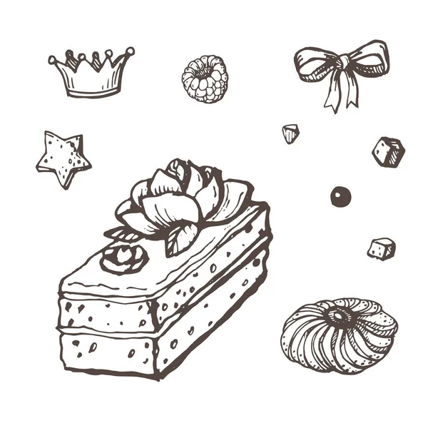 Vektorbild Eines Gezeichneten Keks Kuchens Umgeben Von Kronen Sternen Himbeeren — Stockvektor