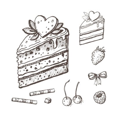 Üzerinde kalp ve krema olan pastaların vektör görüntüsü, kirazlar, pipetler, çilekler ve ahududular