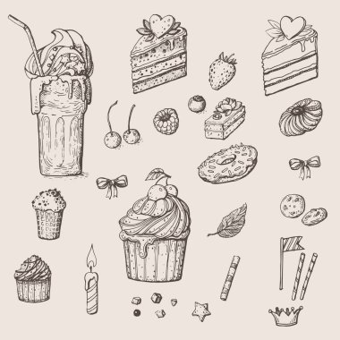 Çizilmiş şekerlerin vektör görüntüsü: milkshake, pastalar, pasta dilimleri, ahududular, kirazlar, çilekler, yabanmersinlerinin yanı sıra pek çok farklı kurabiye