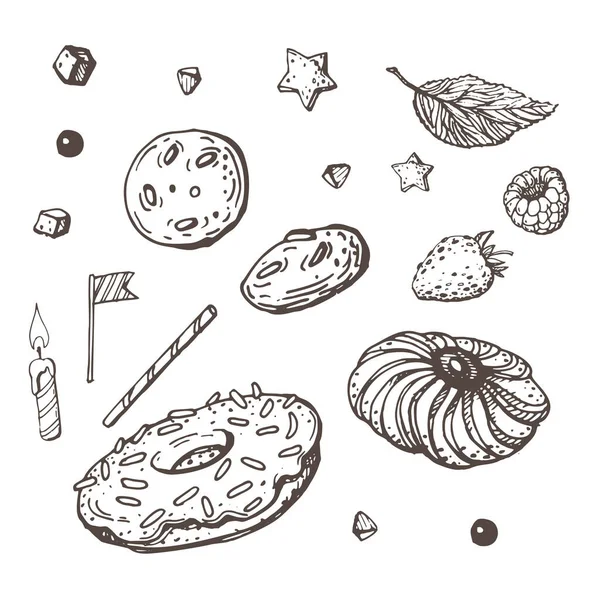 Imagen vectorial de frambuesas pintadas, fresas y varias galletas — Archivo Imágenes Vectoriales