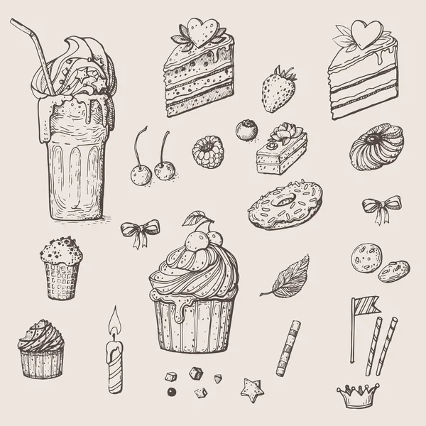 Vektorbild der gezogenen Süßigkeiten: Milchshake, Kuchen, Kuchen- und Tortenscheiben, Himbeeren, Kirschen, Erdbeeren, Blaubeeren sowie viele verschiedene Kekse — Stockvektor