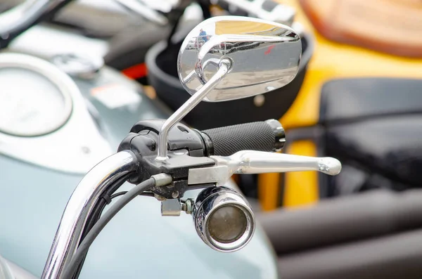 Motorcycle Fragments Moto Accessories Closeup Motorcycle Steering Wheel Rearview Mirror — Stock Photo, Image