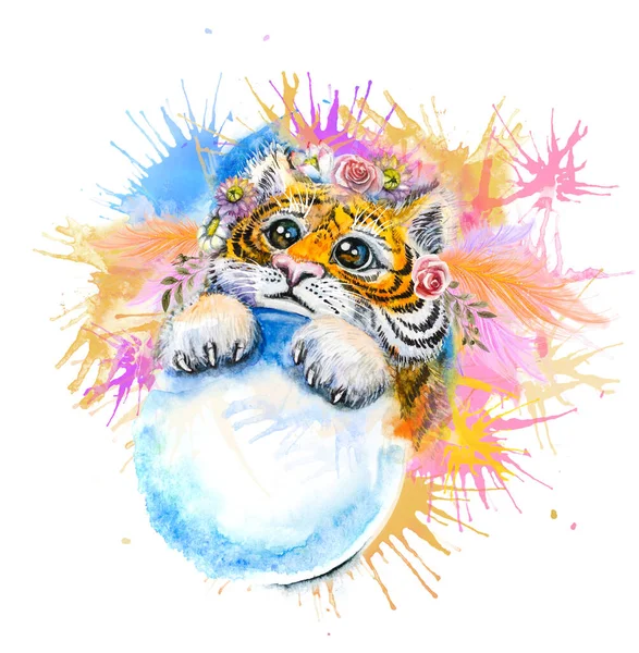 Bonito Desenho Aquarela Com Filhote Tigre Com Neve Suas Patas — Fotografia de Stock