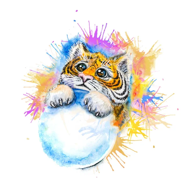 Mignon dessin à l'aquarelle représentant un ourson tigre avec une boule de neige dans ses pattes et divers motifs roses et bleus autour sur un fond blanc — Photo