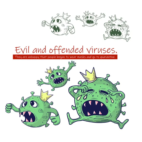 Vector image of a running virus bacteria with a crown on a white background and the inscription Evil and offended viruses. They unhappy that people began to wear masks and go to quarantine — Stock Vector