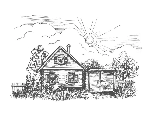 Vektorskiss av ett rustikt timmerhus med trädgård och grind under solen ritad för hand — Stock vektor