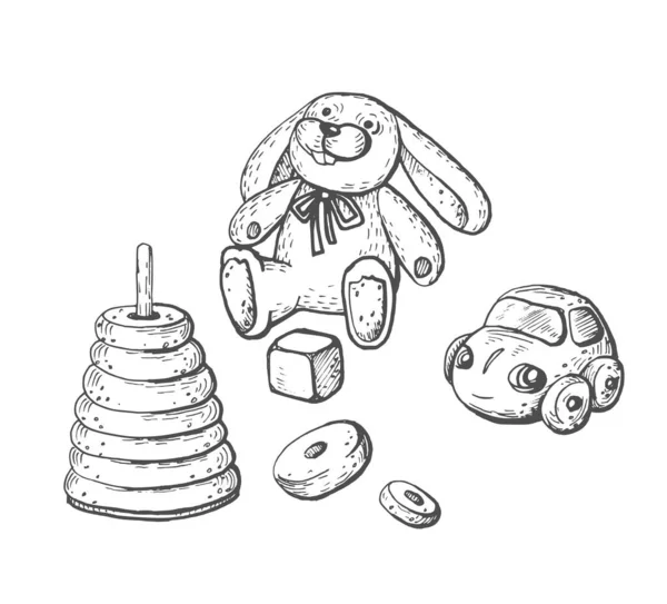 Vektorový obraz dětských hraček na bílém pozadí - plyšový zajíček, pyramida, kostka a autíčko. — Stockový vektor