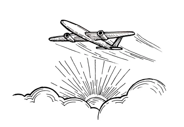 Dibujo de un avión despegando sobre el sol rompiendo desde las nubes — Foto de Stock