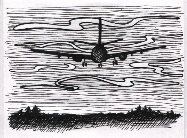 Dibujo a lápiz de un avión volador en el cielo nocturno sobre el suelo . — Foto de Stock