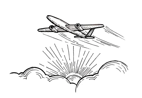 Güneşin üzerinden kalkan bir uçağın çizimi bulutlardan kırılıyor — Stok fotoğraf