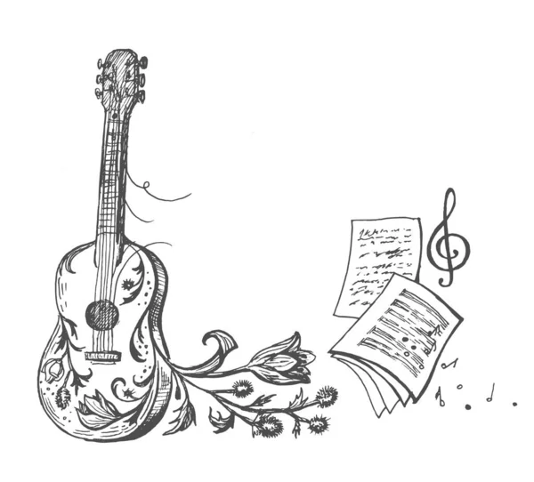 Imagen vectorial de una guitarra con flores y notación musical con una clave triple y notas de dispersión . — Vector de stock