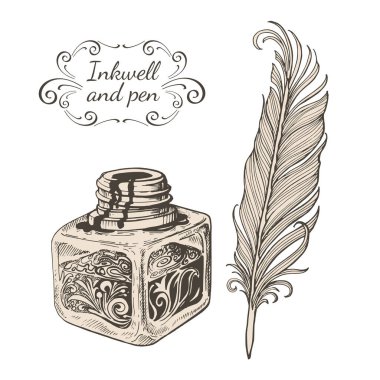 Vector image carved inkwells and beautiful writing pen and inkwell and pen inscription clipart