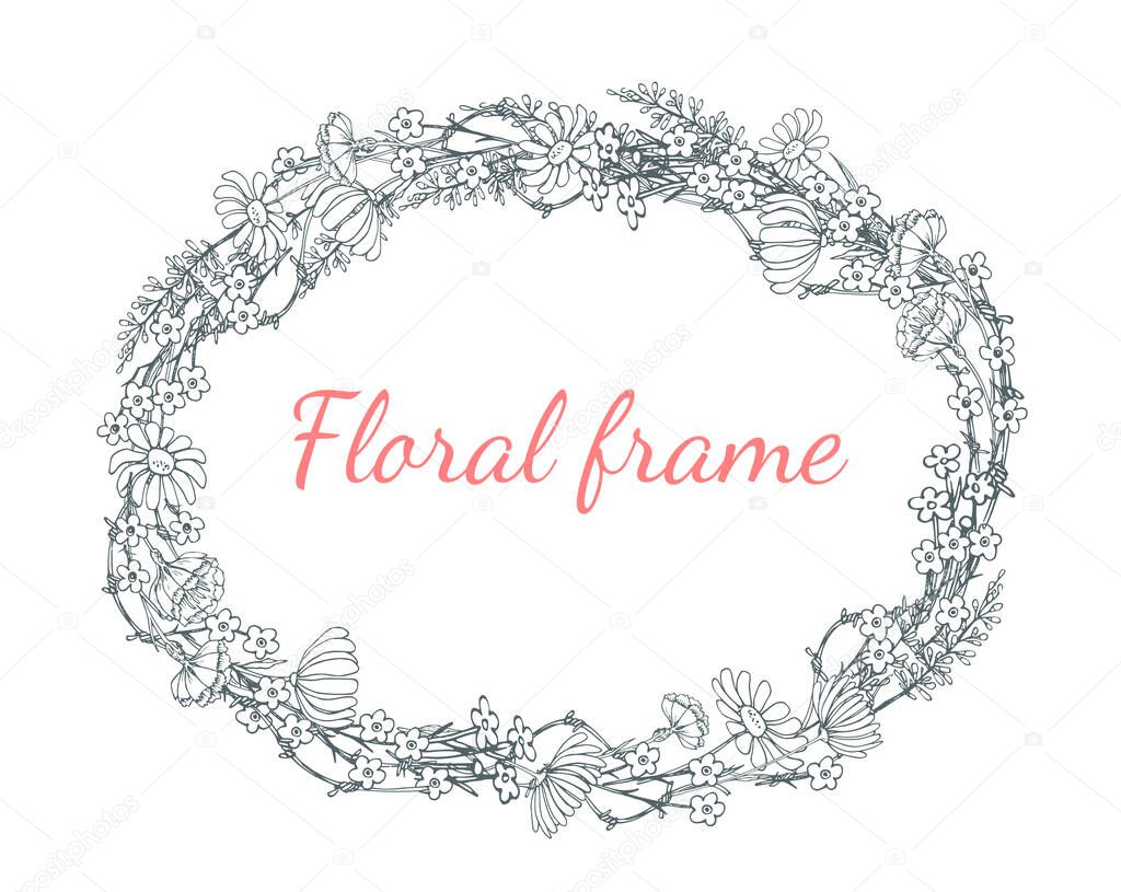 Vector oval floral frame on a white background with the words 