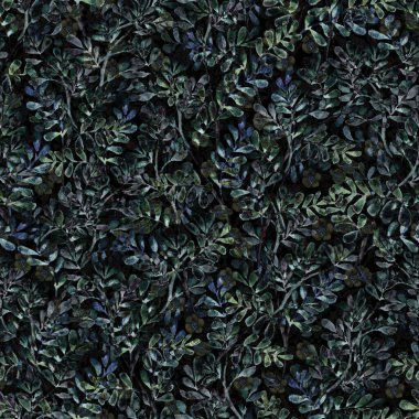 Dal ve kiraz çiçeklerinin koyu arkaplandaki dikişsiz deseni suluboya.