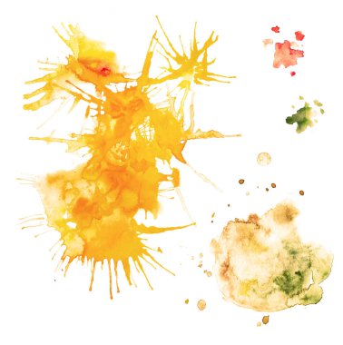 Beyaz bir arkaplanda izole edilmiş, farklı boyutlarda, sarı renklerde birkaç lekeli suluboya seti