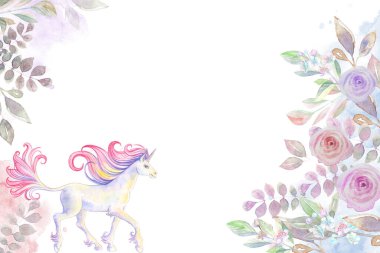 Çiçek desenli ve tek boynuzlu atın yatay desenli yatay kartı.