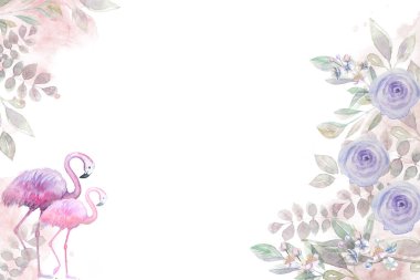 Çiçek desenli ve flamingolu suluboya kart