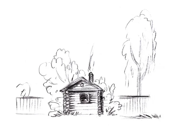 Dibujo a lápiz de una casa rústica con una puerta y árboles y una cerca sobre un fondo blanco —  Fotos de Stock