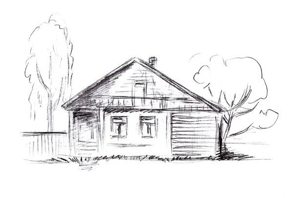 Dessin au crayon d'une maison en bois avec fenêtres et une entrée latérale — Photo