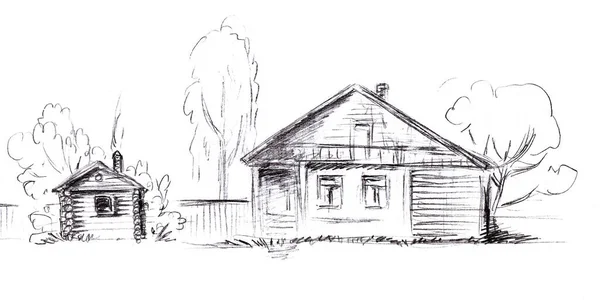 연필로 그린 통나무로 만든 마을 주택 건물 울타리와 목욕탕이나 헛간 이 있다. — 스톡 사진